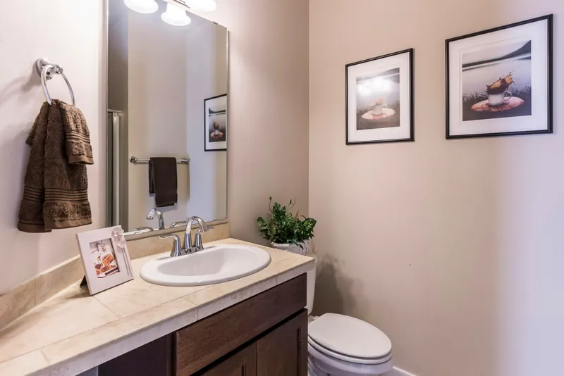 Reference photograph: a compact washroom with a dark wood vanity, pale walls and framed prints.
